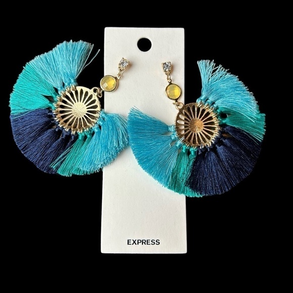 Statement Earrings From Express Boho Tropical Bold Gold & Shades of Blue Fringe - Picture 8 of 13